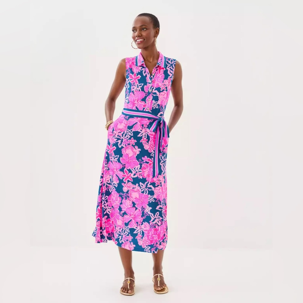 Lilly Pulitzer Ryland Midi Shirtdress - Starlight Navy Once And Floral - Size M